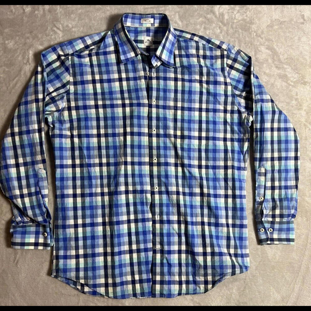 Peter Millar Shirt Mens Large Long Sleeve Blue Plaid 100% Cotton Button Up @TD